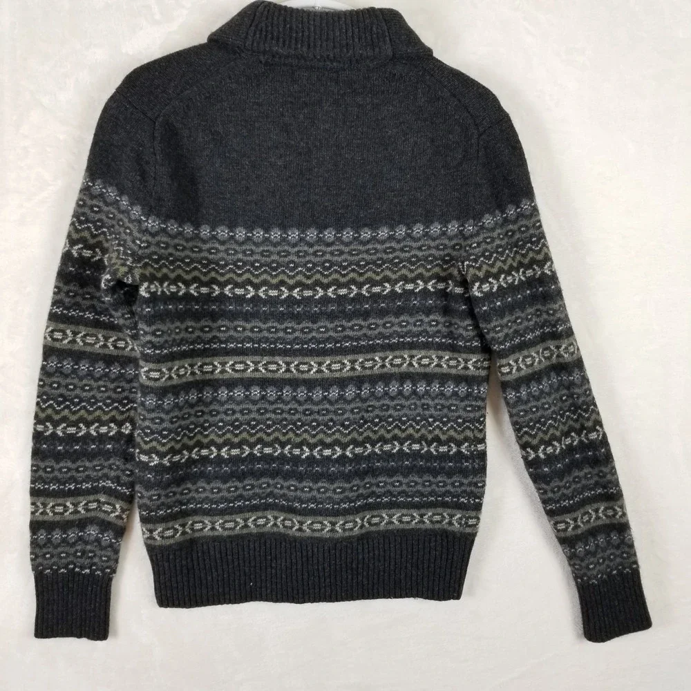 Banana Republic Mens Merino Wool Fair Isle Shawl Collar Sweater Gray Olive Small